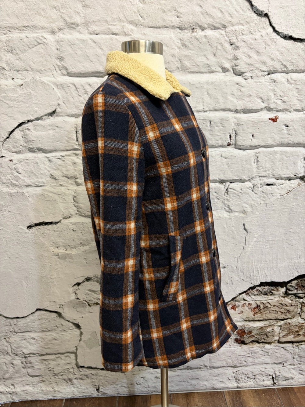 Free People × ROLLAS Check Sherpa Coat Chore Barn Jacket Wool Cozy - Picture 8 of 11